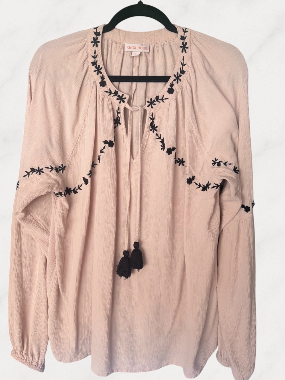 Knox Rose Cream Embroidered Tassel Tie Boho Peasant Blouse Top Size L